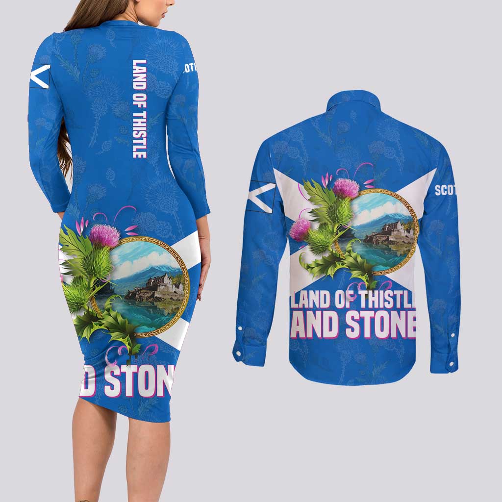 Scotland Couples Matching Long Sleeve Bodycon Dress and Long Sleeve Button Shirt with Blue Saltire Flag with Thistle Flowers Highland Landscape and Land of Thistle and Stone - Wonder Print Shop