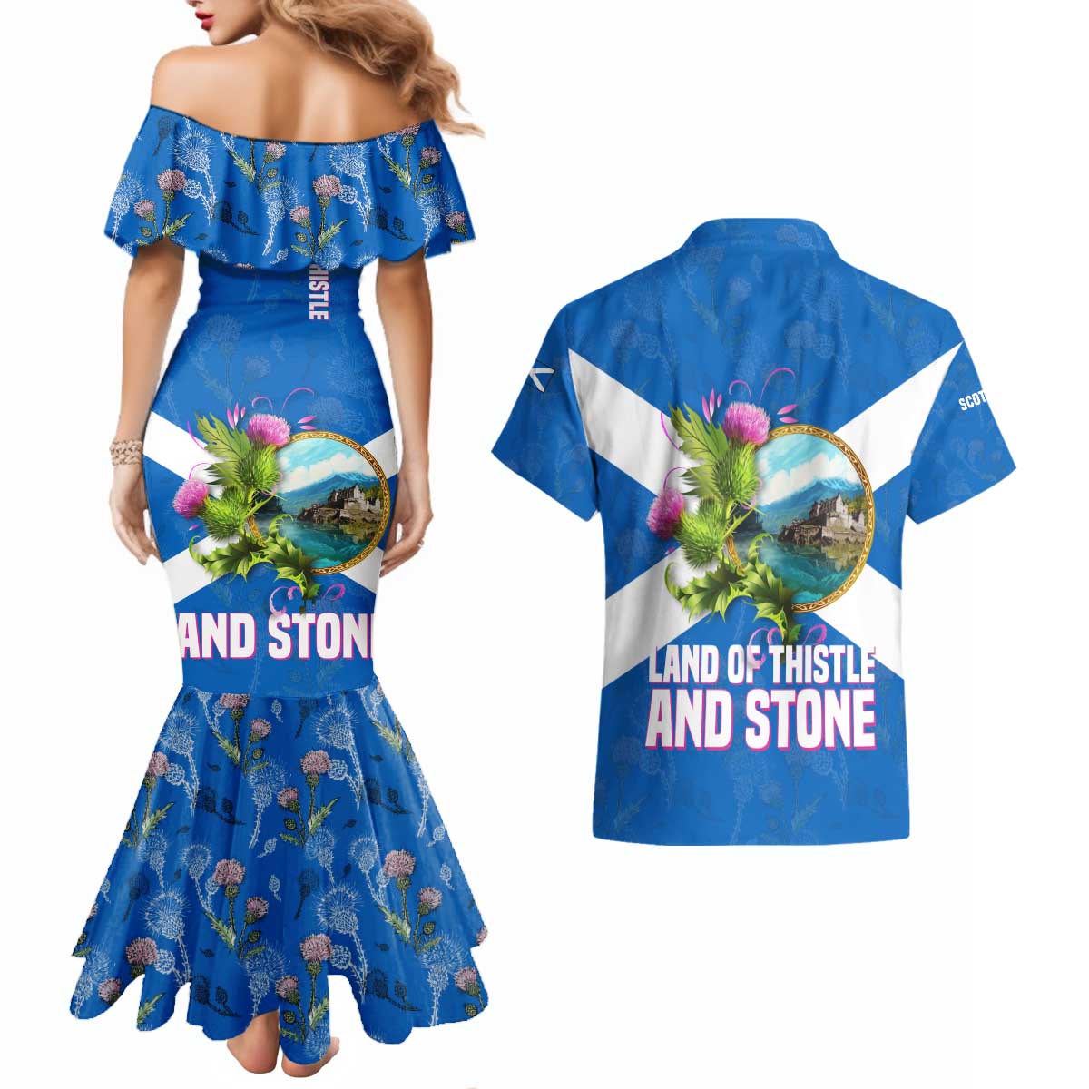 Scotland Couples Matching Mermaid Dress and Hawaiian Shirt with Blue Saltire Flag with Thistle Flowers Highland Landscape and Land of Thistle and Stone - Wonder Print Shop