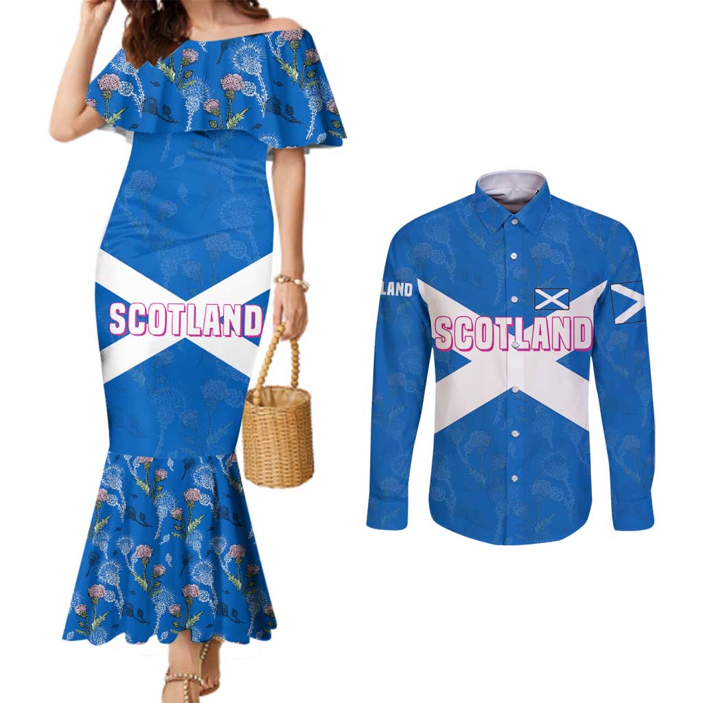 Scotland Couples Matching Mermaid Dress and Long Sleeve Button Shirt with Blue Saltire Flag with Thistle Flowers Highland Landscape and Land of Thistle and Stone - Wonder Print Shop