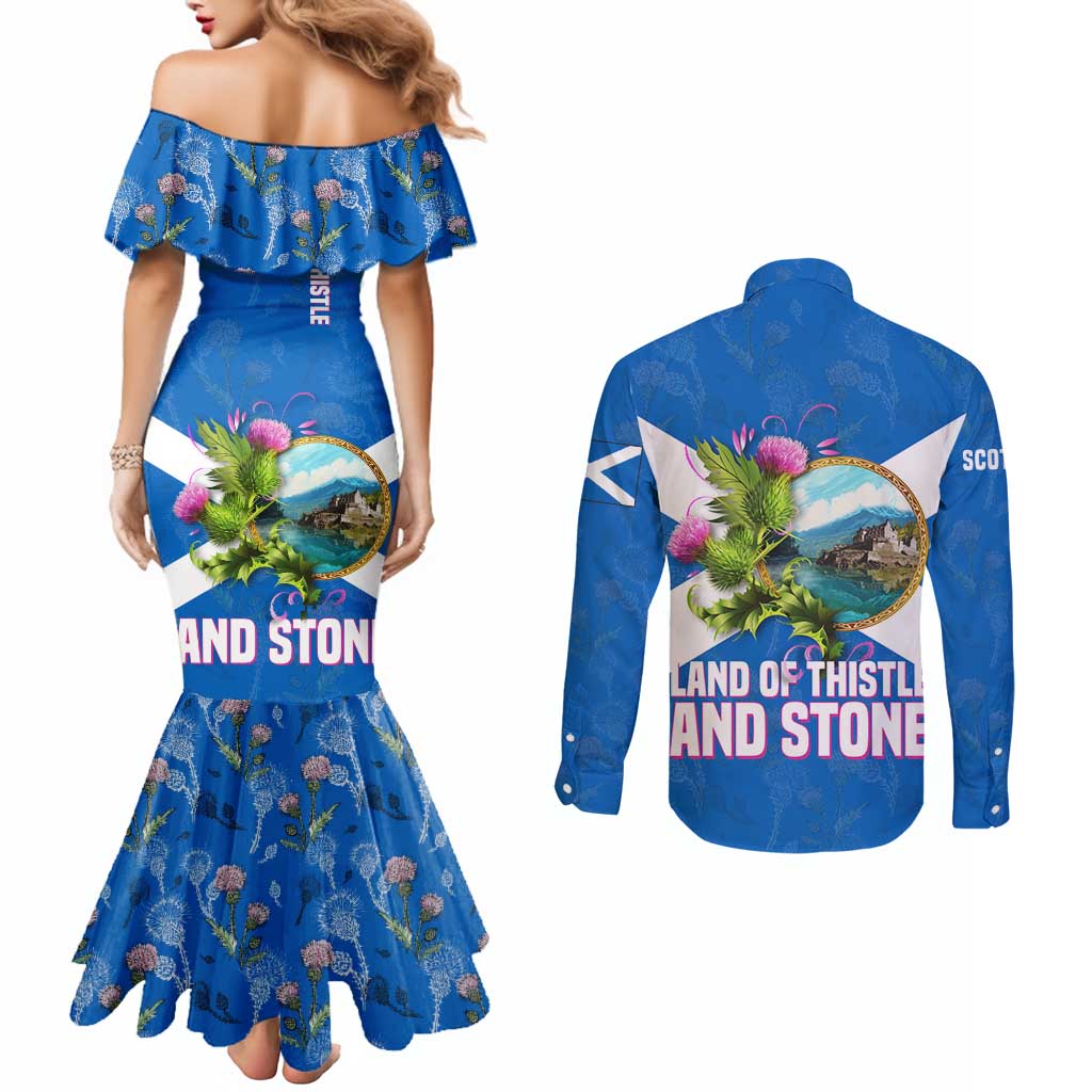 Scotland Couples Matching Mermaid Dress and Long Sleeve Button Shirt with Blue Saltire Flag with Thistle Flowers Highland Landscape and Land of Thistle and Stone - Wonder Print Shop