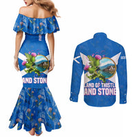 Scotland Couples Matching Mermaid Dress and Long Sleeve Button Shirt with Blue Saltire Flag with Thistle Flowers Highland Landscape and Land of Thistle and Stone - Wonder Print Shop