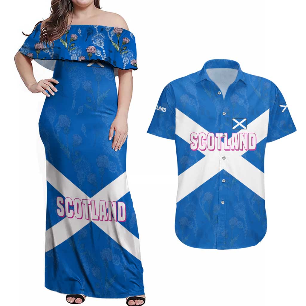 Scotland Couples Matching Off Shoulder Maxi Dress and Hawaiian Shirt with Blue Saltire Flag with Thistle Flowers Highland Landscape and Land of Thistle and Stone - Wonder Print Shop