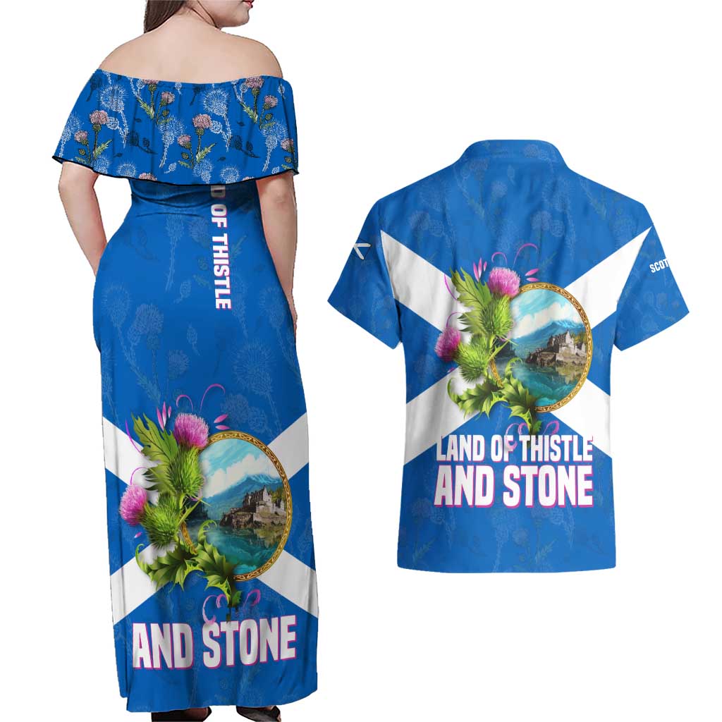 Scotland Couples Matching Off Shoulder Maxi Dress and Hawaiian Shirt with Blue Saltire Flag with Thistle Flowers Highland Landscape and Land of Thistle and Stone - Wonder Print Shop