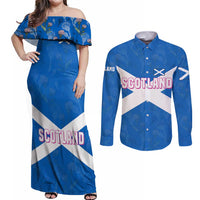 Scotland Couples Matching Off Shoulder Maxi Dress and Long Sleeve Button Shirt with Blue Saltire Flag with Thistle Flowers Highland Landscape and Land of Thistle and Stone - Wonder Print Shop