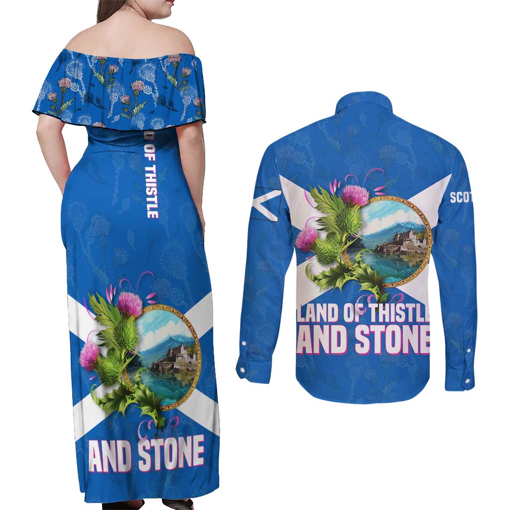 Scotland Couples Matching Off Shoulder Maxi Dress and Long Sleeve Button Shirt with Blue Saltire Flag with Thistle Flowers Highland Landscape and Land of Thistle and Stone - Wonder Print Shop
