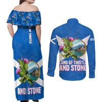 Scotland Couples Matching Off Shoulder Maxi Dress and Long Sleeve Button Shirt with Blue Saltire Flag with Thistle Flowers Highland Landscape and Land of Thistle and Stone - Wonder Print Shop