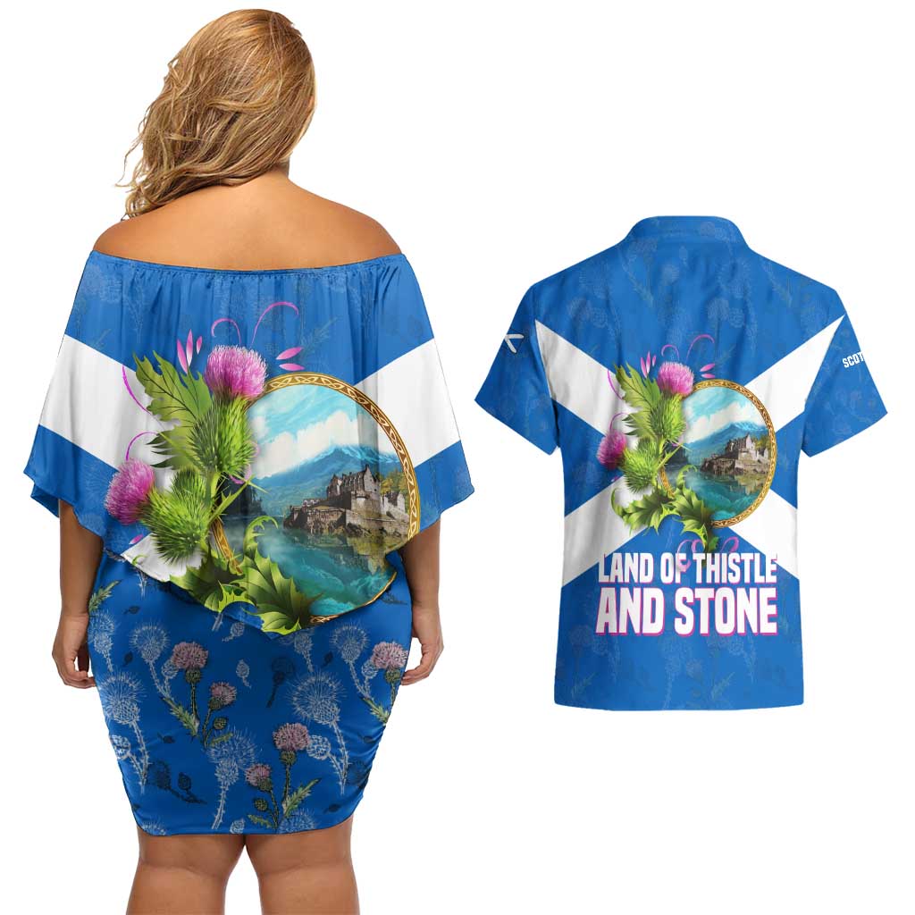 Scotland Couples Matching Off Shoulder Short Dress and Hawaiian Shirt with Blue Saltire Flag with Thistle Flowers Highland Landscape and Land of Thistle and Stone - Wonder Print Shop