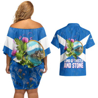 Scotland Couples Matching Off Shoulder Short Dress and Hawaiian Shirt with Blue Saltire Flag with Thistle Flowers Highland Landscape and Land of Thistle and Stone - Wonder Print Shop