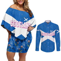 Scotland Couples Matching Off Shoulder Short Dress and Long Sleeve Button Shirt with Blue Saltire Flag with Thistle Flowers Highland Landscape and Land of Thistle and Stone - Wonder Print Shop