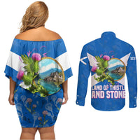 Scotland Couples Matching Off Shoulder Short Dress and Long Sleeve Button Shirt with Blue Saltire Flag with Thistle Flowers Highland Landscape and Land of Thistle and Stone - Wonder Print Shop