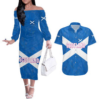 Scotland Couples Matching Off The Shoulder Long Sleeve Dress and Hawaiian Shirt with Blue Saltire Flag with Thistle Flowers Highland Landscape and Land of Thistle and Stone - Wonder Print Shop