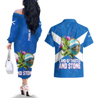 Scotland Couples Matching Off The Shoulder Long Sleeve Dress and Hawaiian Shirt with Blue Saltire Flag with Thistle Flowers Highland Landscape and Land of Thistle and Stone - Wonder Print Shop