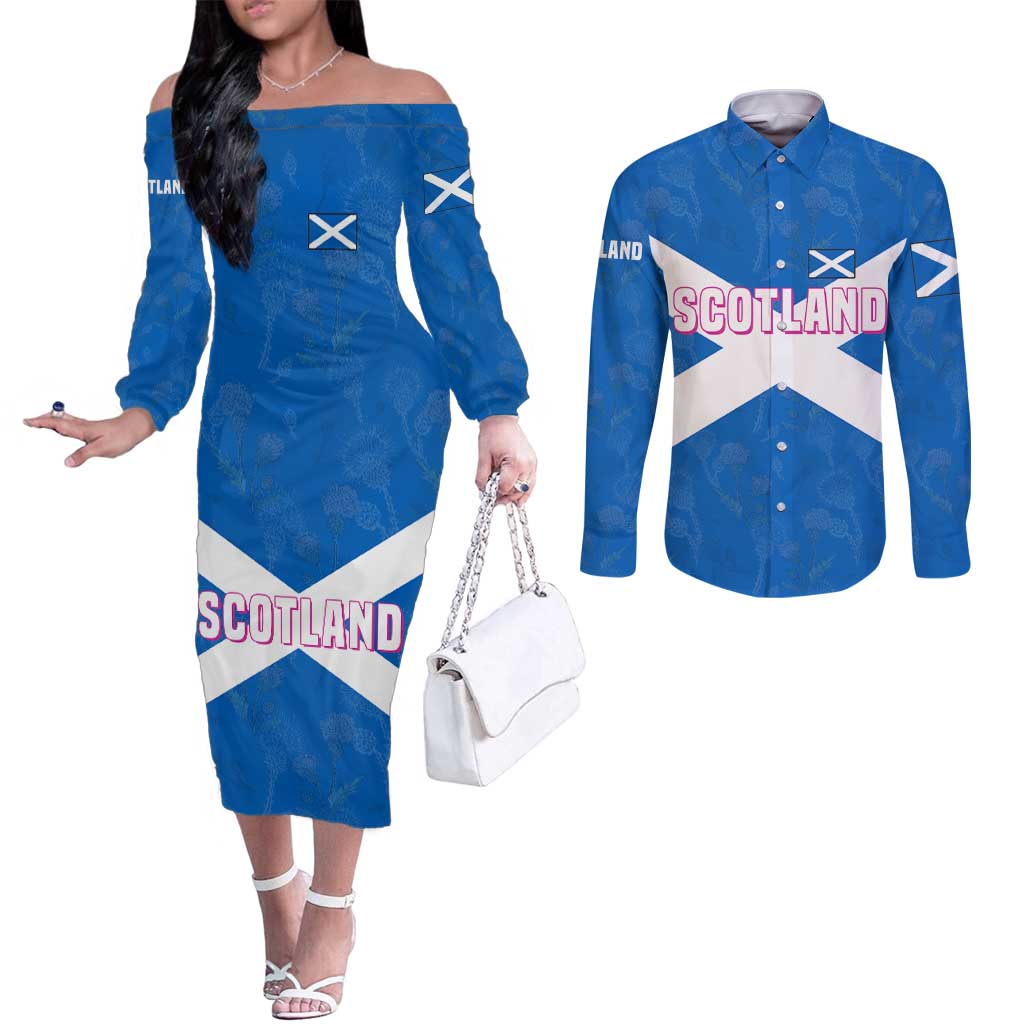 Scotland Couples Matching Off The Shoulder Long Sleeve Dress and Long Sleeve Button Shirt with Blue Saltire Flag with Thistle Flowers Highland Landscape and Land of Thistle and Stone - Wonder Print Shop