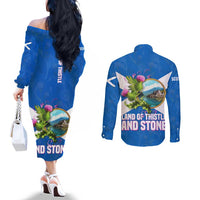 Scotland Couples Matching Off The Shoulder Long Sleeve Dress and Long Sleeve Button Shirt with Blue Saltire Flag with Thistle Flowers Highland Landscape and Land of Thistle and Stone - Wonder Print Shop
