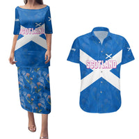 Scotland Couples Matching Puletasi and Hawaiian Shirt with Blue Saltire Flag with Thistle Flowers Highland Landscape and Land of Thistle and Stone - Wonder Print Shop