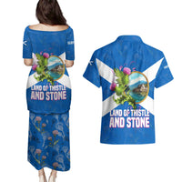 Scotland Couples Matching Puletasi and Hawaiian Shirt with Blue Saltire Flag with Thistle Flowers Highland Landscape and Land of Thistle and Stone - Wonder Print Shop
