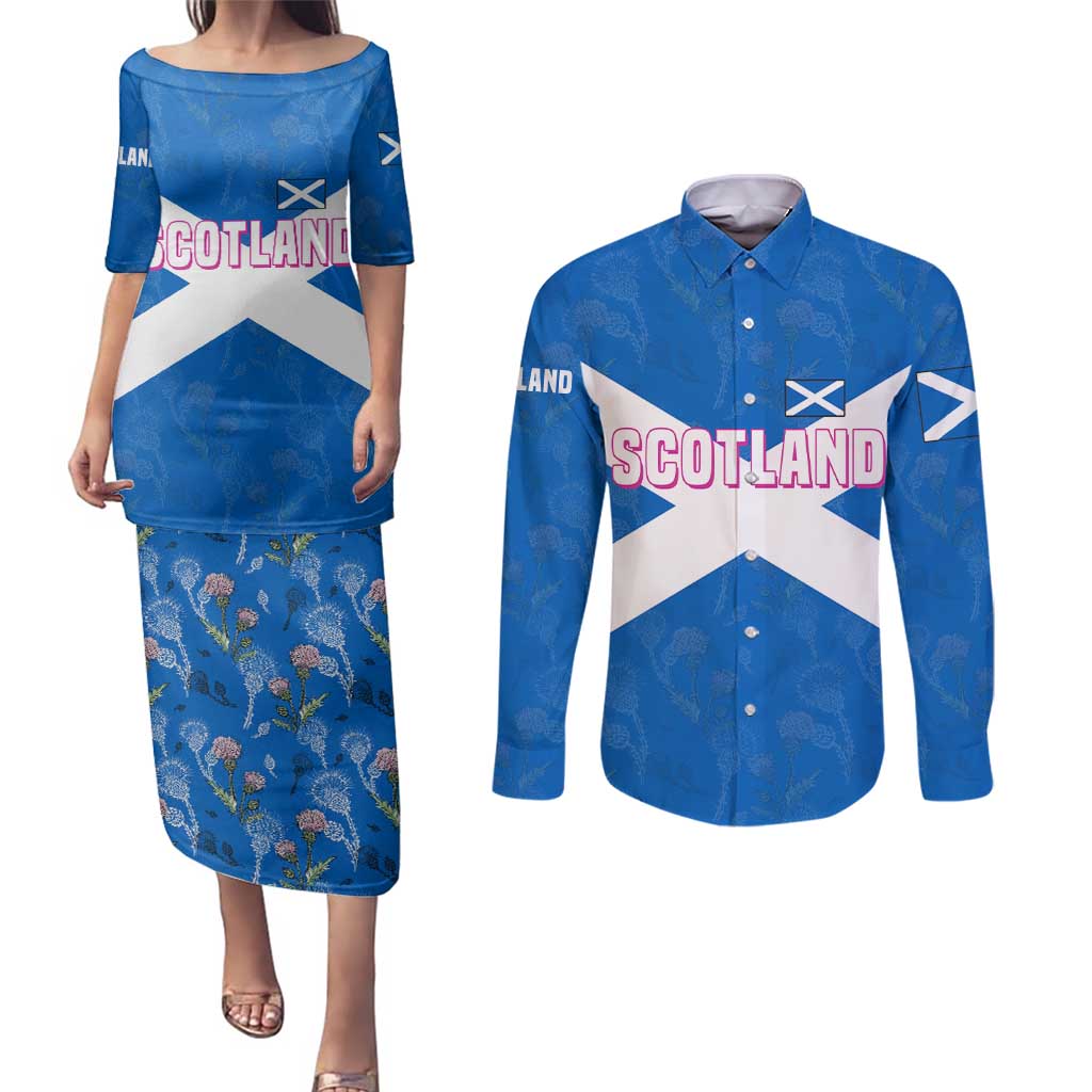 Scotland Couples Matching Puletasi and Long Sleeve Button Shirt with Blue Saltire Flag with Thistle Flowers Highland Landscape and Land of Thistle and Stone - Wonder Print Shop