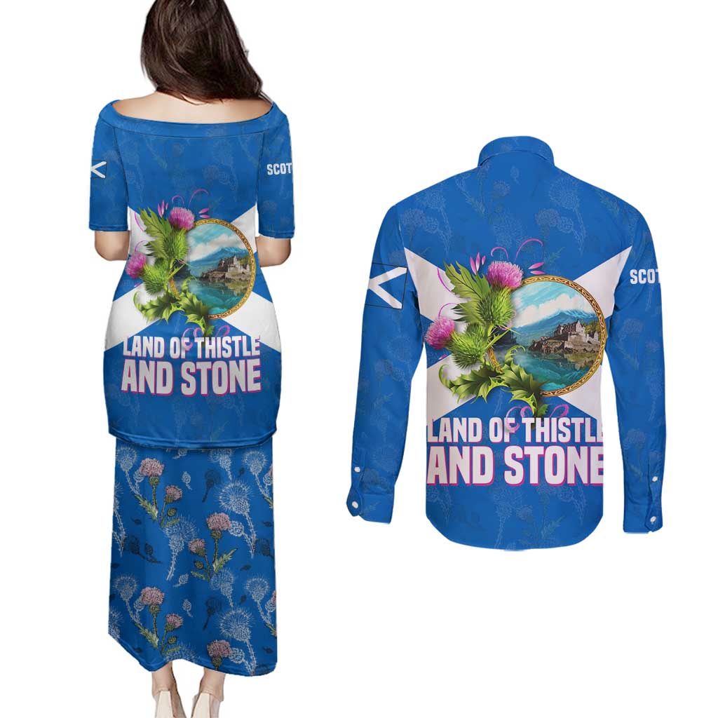 Scotland Couples Matching Puletasi and Long Sleeve Button Shirt with Blue Saltire Flag with Thistle Flowers Highland Landscape and Land of Thistle and Stone - Wonder Print Shop