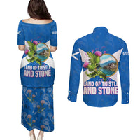 Scotland Couples Matching Puletasi and Long Sleeve Button Shirt with Blue Saltire Flag with Thistle Flowers Highland Landscape and Land of Thistle and Stone - Wonder Print Shop