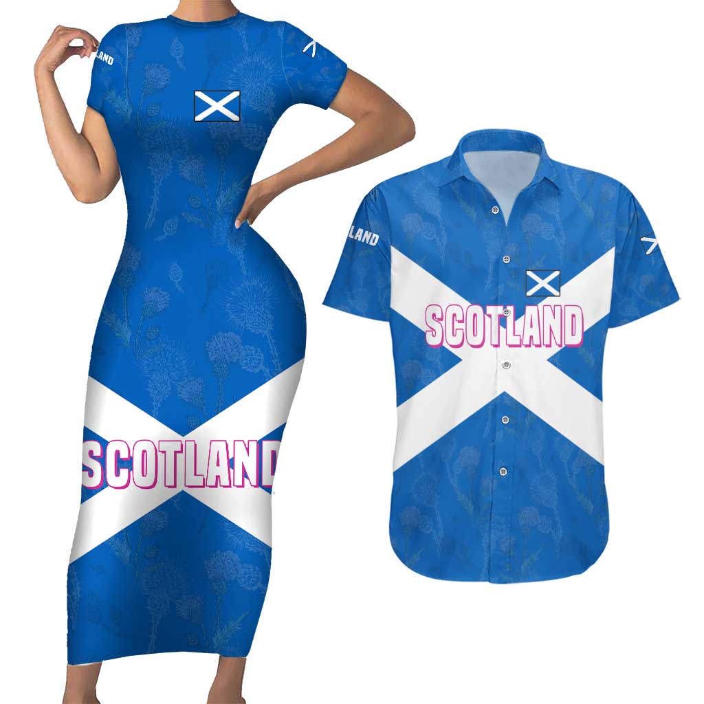 Scotland Couples Matching Short Sleeve Bodycon Dress and Hawaiian Shirt with Blue Saltire Flag with Thistle Flowers Highland Landscape and Land of Thistle and Stone - Wonder Print Shop