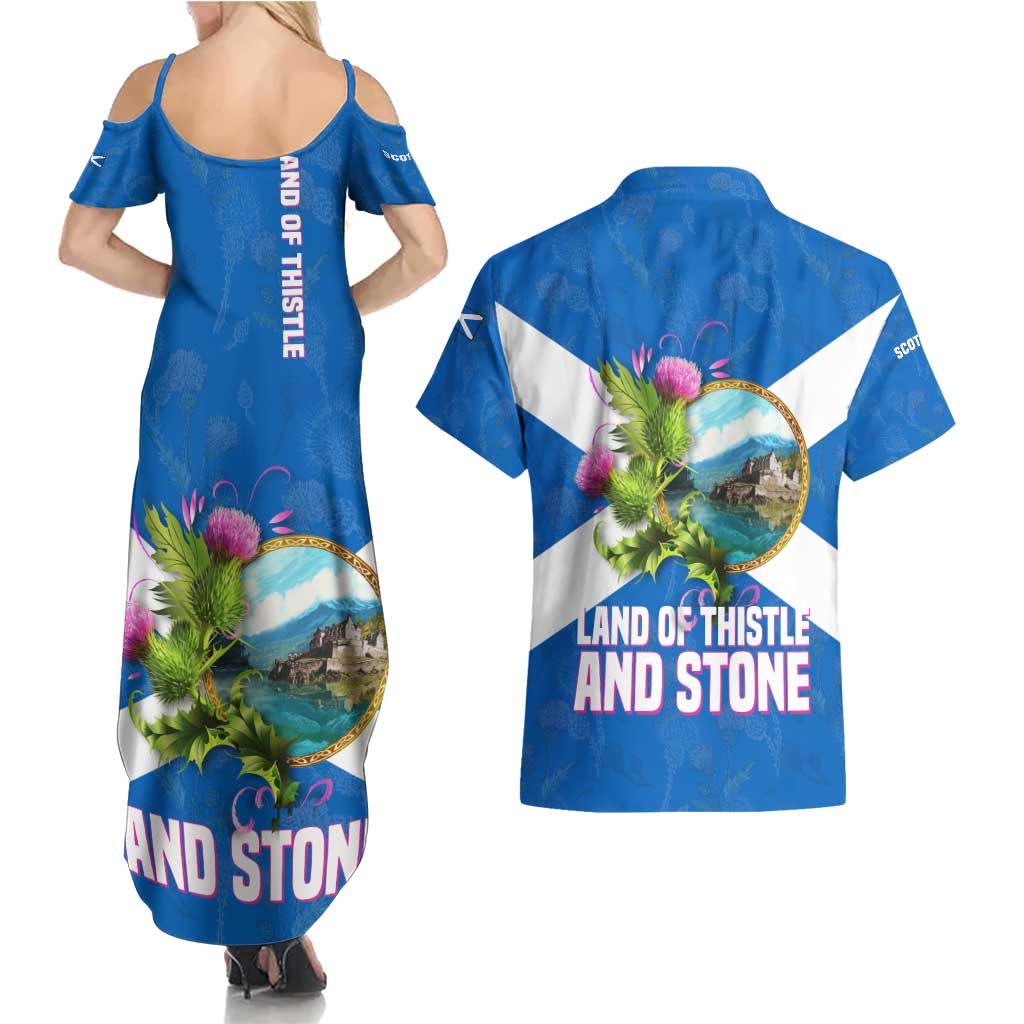 Scotland Couples Matching Summer Maxi Dress and Hawaiian Shirt with Blue Saltire Flag with Thistle Flowers Highland Landscape and Land of Thistle and Stone - Wonder Print Shop