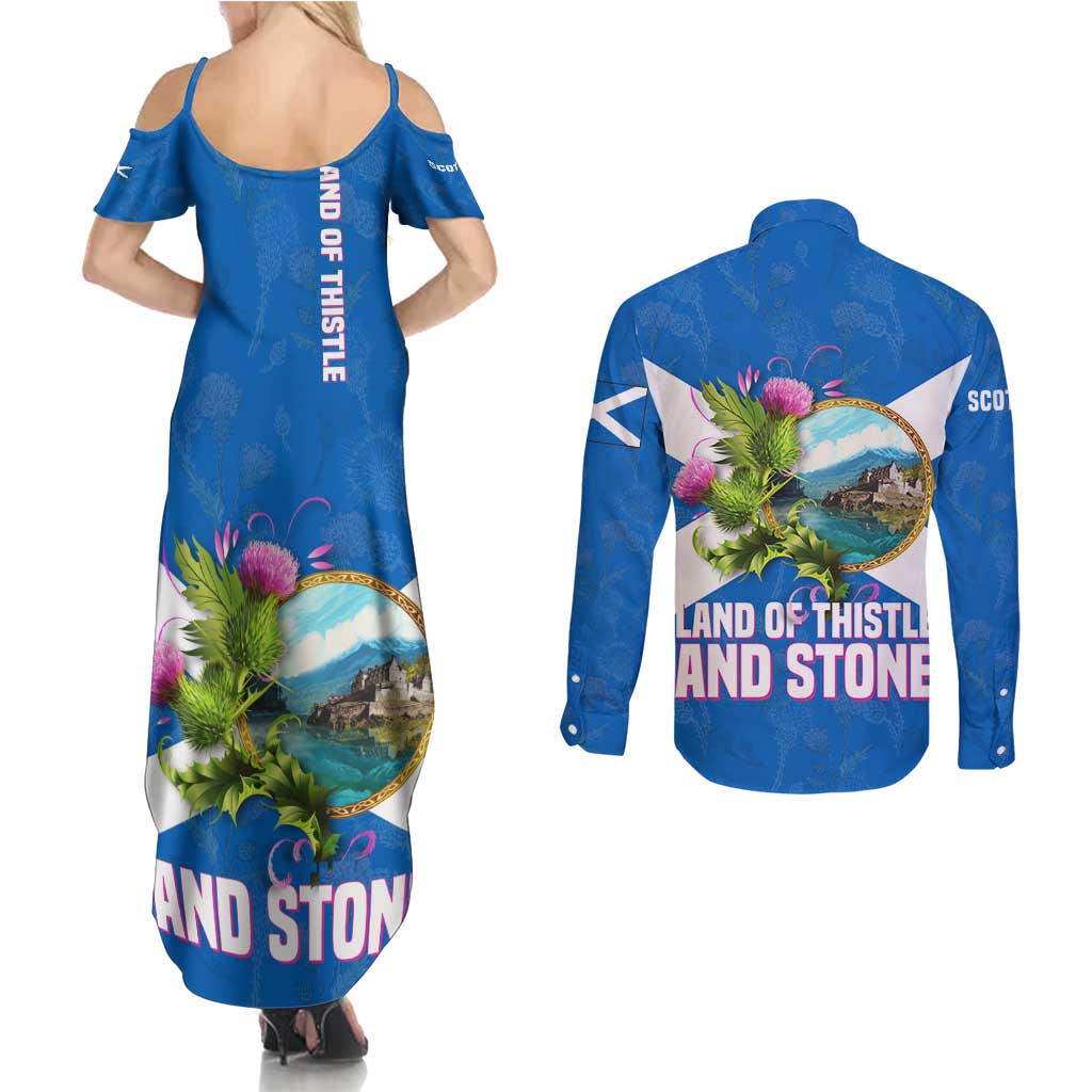 Scotland Couples Matching Summer Maxi Dress and Long Sleeve Button Shirt with Blue Saltire Flag with Thistle Flowers Highland Landscape and Land of Thistle and Stone - Wonder Print Shop