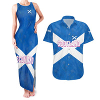 Scotland Couples Matching Tank Maxi Dress and Hawaiian Shirt with Blue Saltire Flag with Thistle Flowers Highland Landscape and Land of Thistle and Stone - Wonder Print Shop