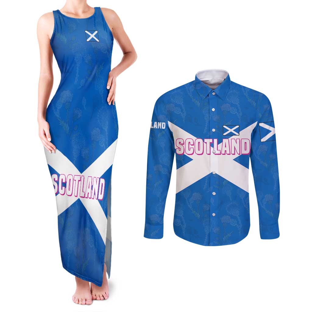 Scotland Couples Matching Tank Maxi Dress and Long Sleeve Button Shirt with Blue Saltire Flag with Thistle Flowers Highland Landscape and Land of Thistle and Stone - Wonder Print Shop