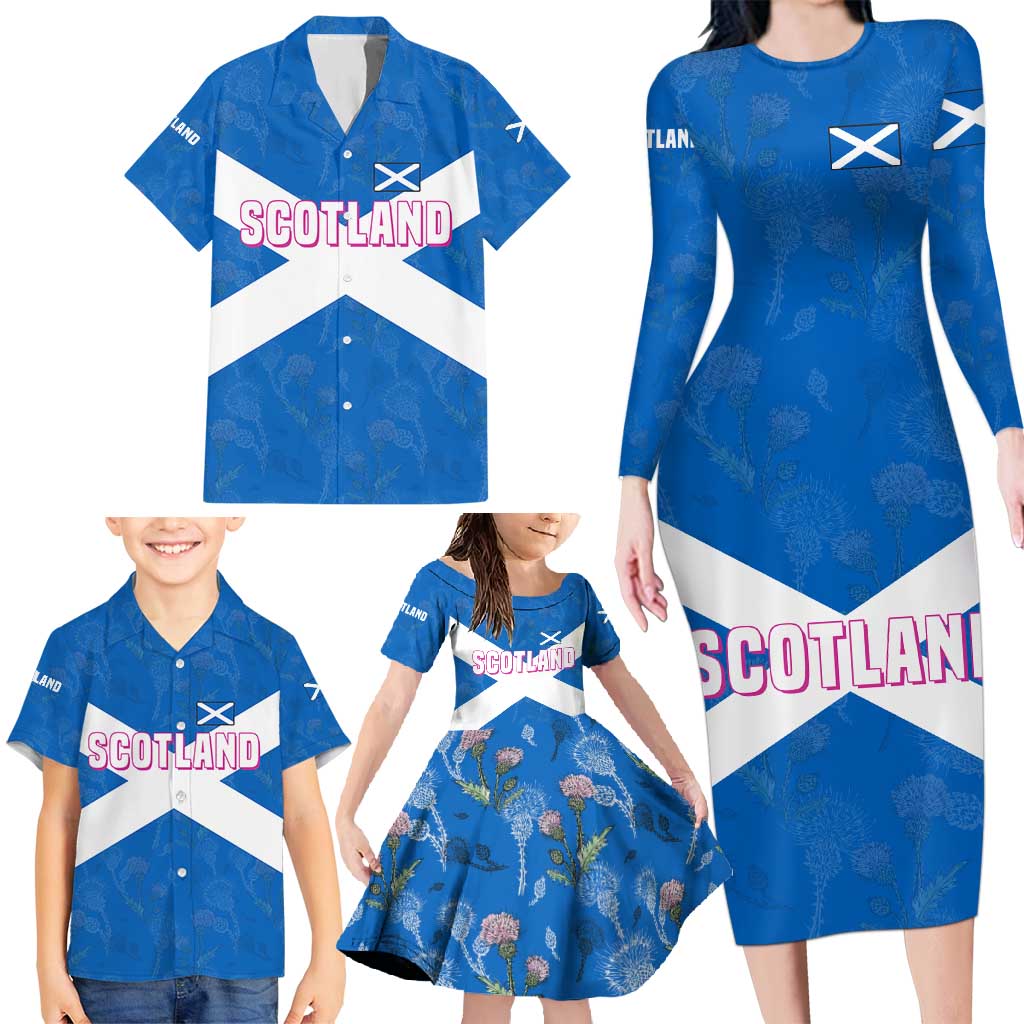 Scotland Family Matching Long Sleeve Bodycon Dress and Hawaiian Shirt with Blue Saltire Flag with Thistle Flowers Highland Landscape and Land of Thistle and Stone - Wonder Print Shop