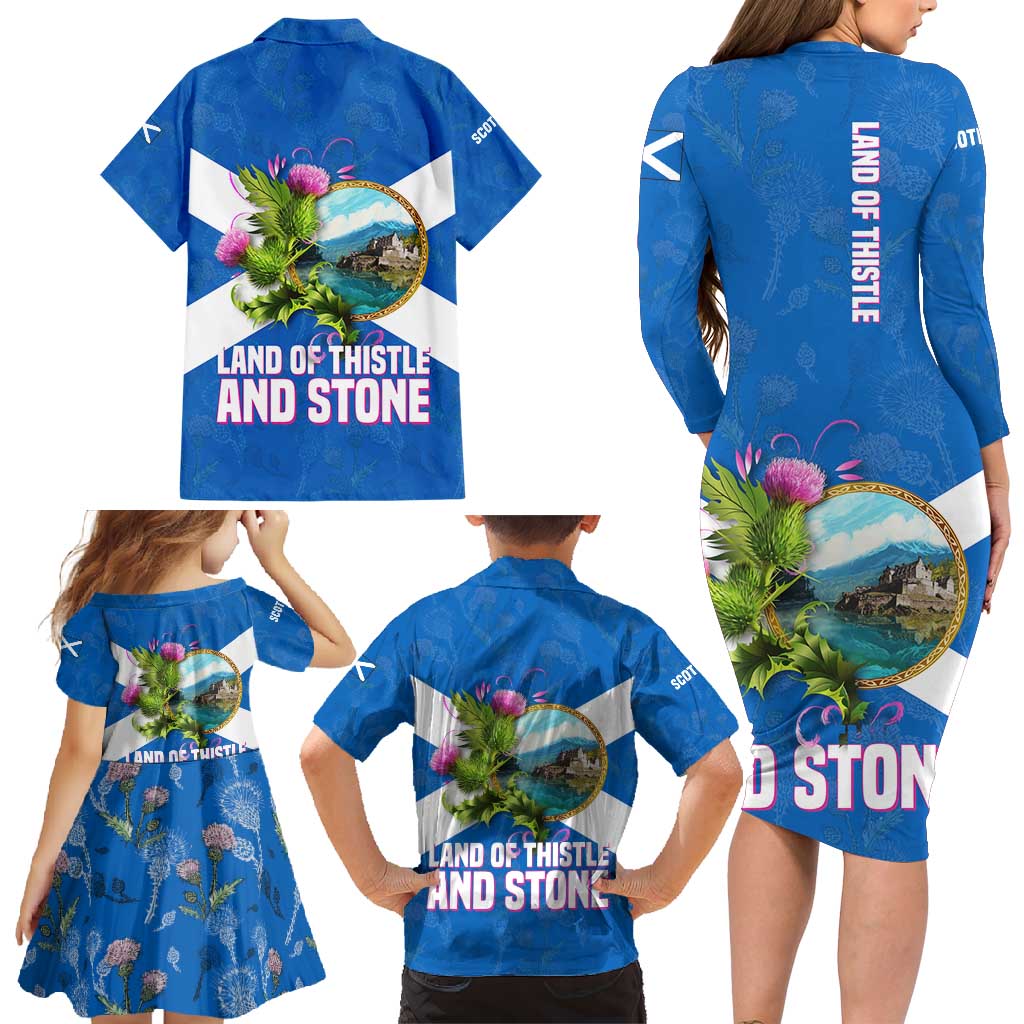 Scotland Family Matching Long Sleeve Bodycon Dress and Hawaiian Shirt with Blue Saltire Flag with Thistle Flowers Highland Landscape and Land of Thistle and Stone - Wonder Print Shop