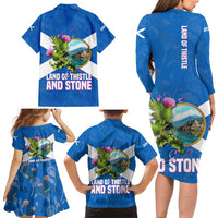 Scotland Family Matching Long Sleeve Bodycon Dress and Hawaiian Shirt with Blue Saltire Flag with Thistle Flowers Highland Landscape and Land of Thistle and Stone - Wonder Print Shop