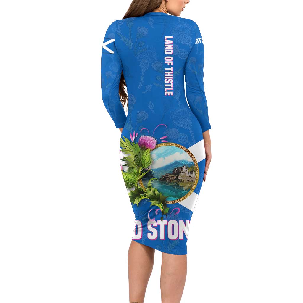 Scotland Family Matching Long Sleeve Bodycon Dress and Hawaiian Shirt with Blue Saltire Flag with Thistle Flowers Highland Landscape and Land of Thistle and Stone - Wonder Print Shop