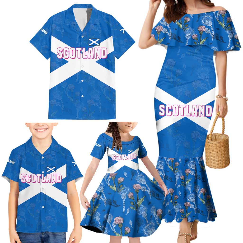 Scotland Family Matching Mermaid Dress and Hawaiian Shirt with Blue Saltire Flag with Thistle Flowers Highland Landscape and Land of Thistle and Stone - Wonder Print Shop