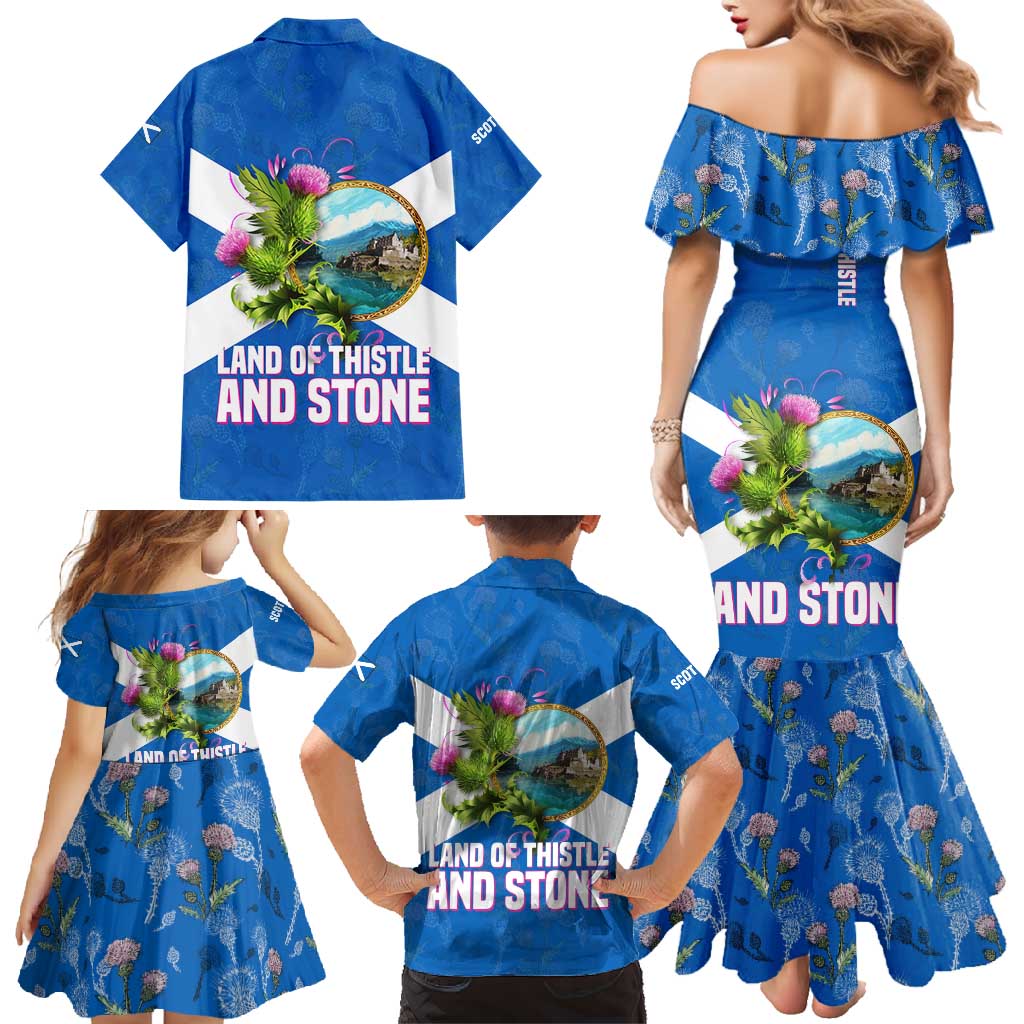 Scotland Family Matching Mermaid Dress and Hawaiian Shirt with Blue Saltire Flag with Thistle Flowers Highland Landscape and Land of Thistle and Stone - Wonder Print Shop