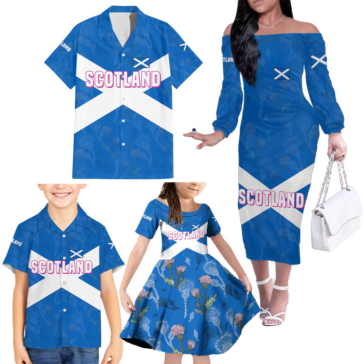 Scotland Family Matching Off The Shoulder Long Sleeve Dress and Hawaiian Shirt with Blue Saltire Flag with Thistle Flowers Highland Landscape and Land of Thistle and Stone - Wonder Print Shop