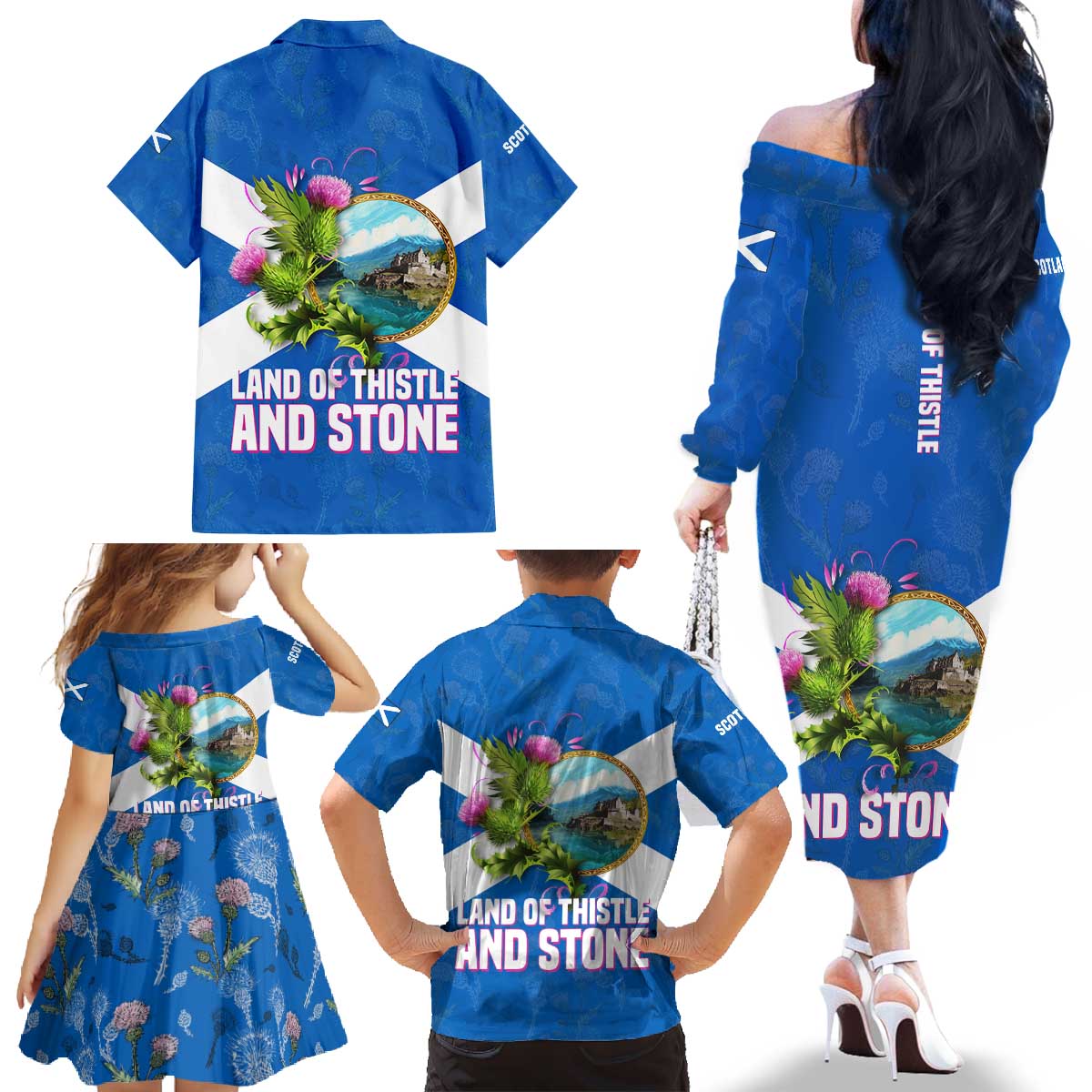 Scotland Family Matching Off The Shoulder Long Sleeve Dress and Hawaiian Shirt with Blue Saltire Flag with Thistle Flowers Highland Landscape and Land of Thistle and Stone - Wonder Print Shop