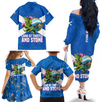 Scotland Family Matching Off The Shoulder Long Sleeve Dress and Hawaiian Shirt with Blue Saltire Flag with Thistle Flowers Highland Landscape and Land of Thistle and Stone - Wonder Print Shop