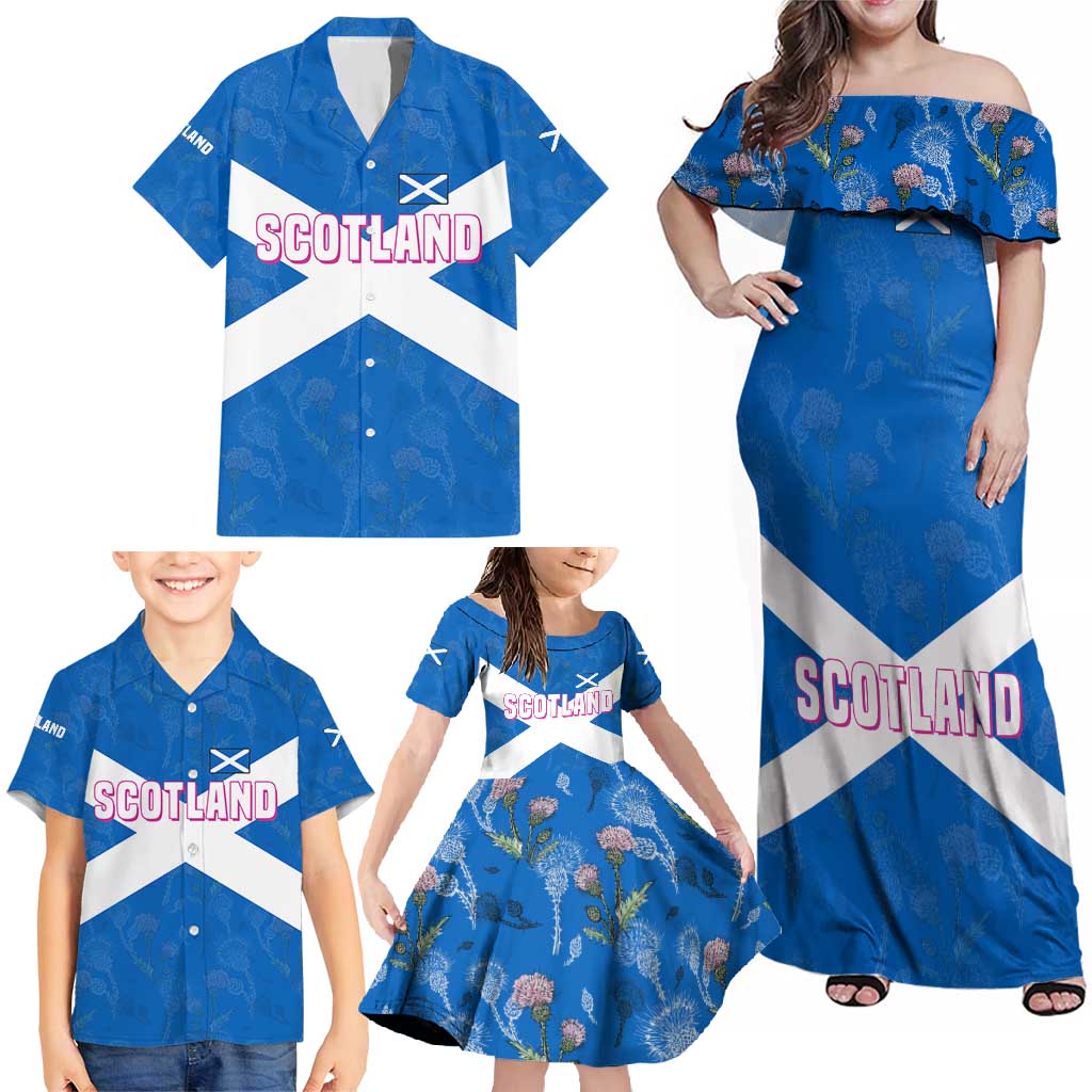 Scotland Family Matching Off Shoulder Maxi Dress and Hawaiian Shirt with Blue Saltire Flag with Thistle Flowers Highland Landscape and Land of Thistle and Stone - Wonder Print Shop