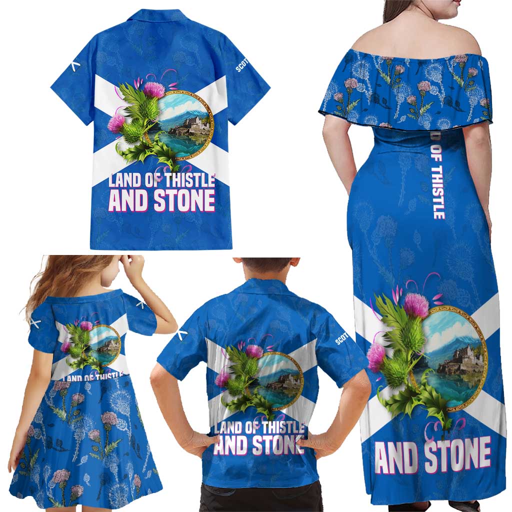 Scotland Family Matching Off Shoulder Maxi Dress and Hawaiian Shirt with Blue Saltire Flag with Thistle Flowers Highland Landscape and Land of Thistle and Stone - Wonder Print Shop