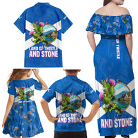 Scotland Family Matching Off Shoulder Maxi Dress and Hawaiian Shirt with Blue Saltire Flag with Thistle Flowers Highland Landscape and Land of Thistle and Stone - Wonder Print Shop