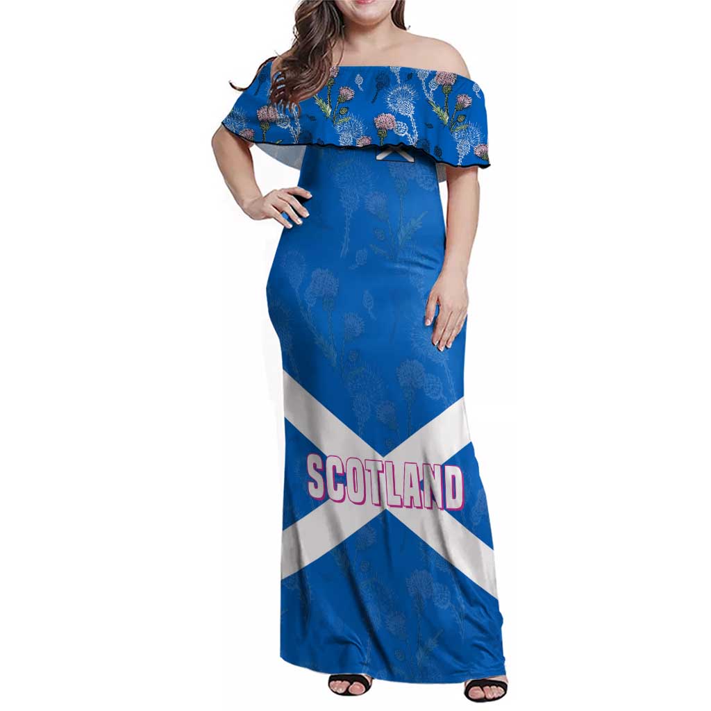 Scotland Family Matching Off Shoulder Maxi Dress and Hawaiian Shirt with Blue Saltire Flag with Thistle Flowers Highland Landscape and Land of Thistle and Stone - Wonder Print Shop