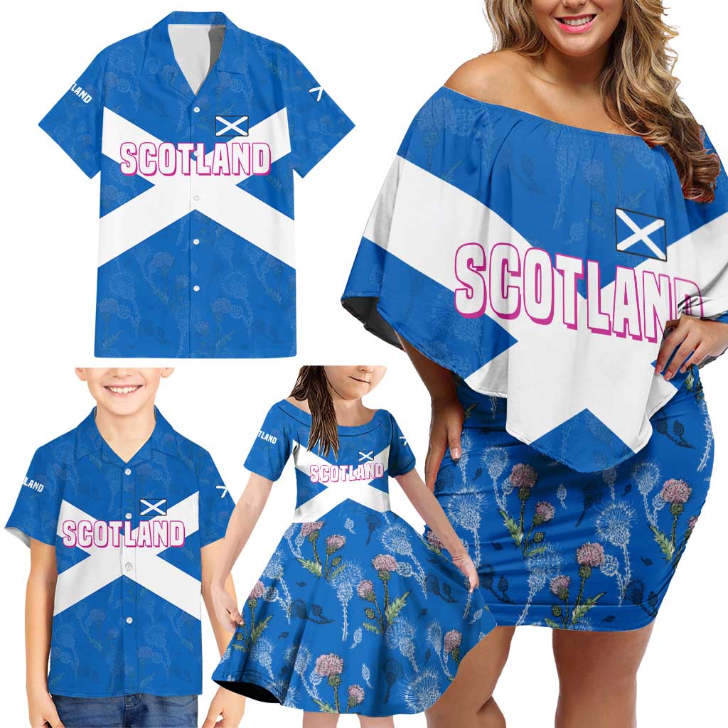 Scotland Family Matching Off Shoulder Short Dress and Hawaiian Shirt with Blue Saltire Flag with Thistle Flowers Highland Landscape and Land of Thistle and Stone - Wonder Print Shop