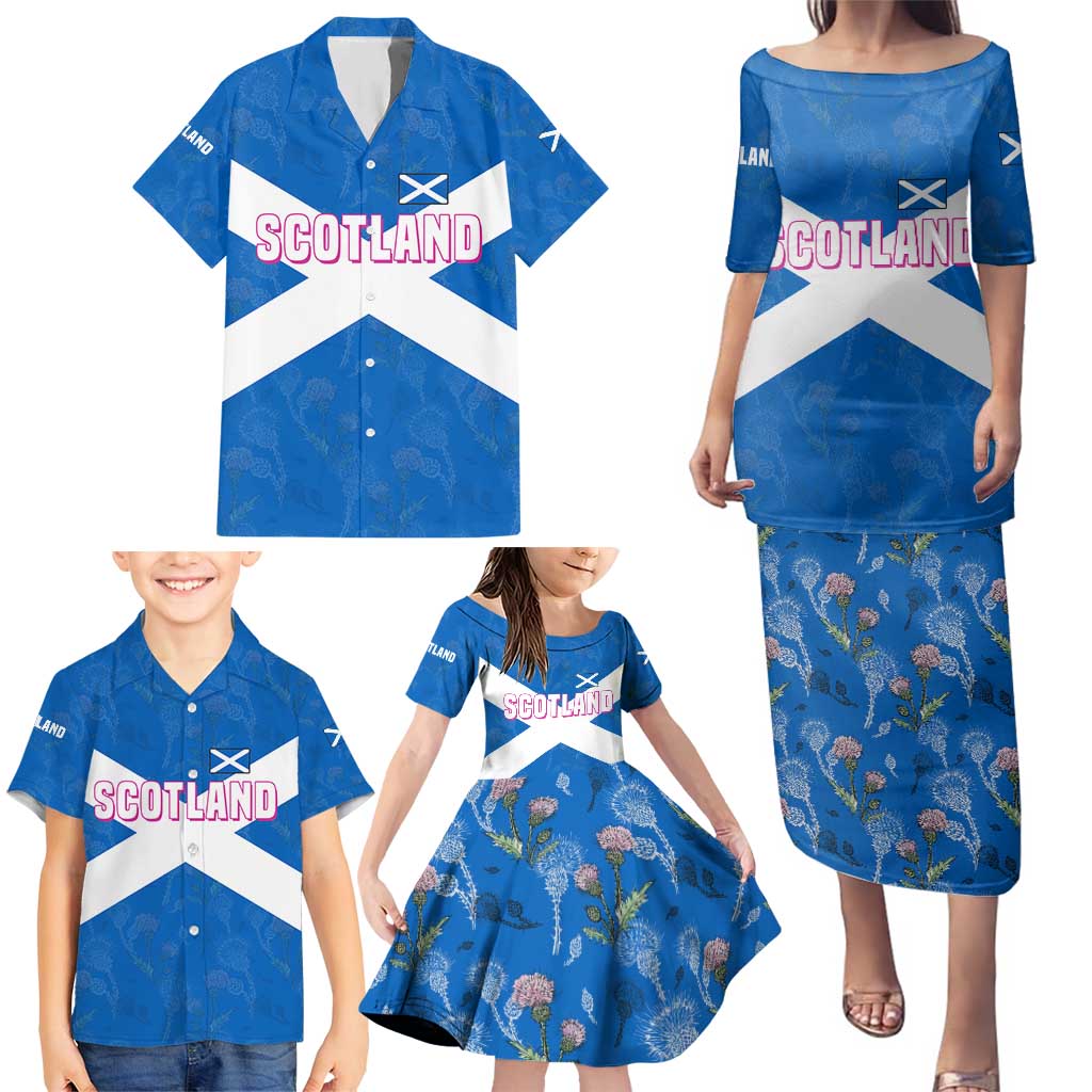 Scotland Family Matching Puletasi and Hawaiian Shirt with Blue Saltire Flag with Thistle Flowers Highland Landscape and Land of Thistle and Stone - Wonder Print Shop