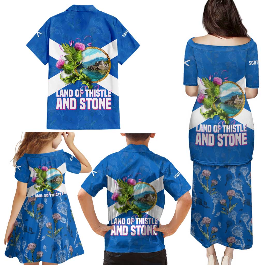 Scotland Family Matching Puletasi and Hawaiian Shirt with Blue Saltire Flag with Thistle Flowers Highland Landscape and Land of Thistle and Stone - Wonder Print Shop