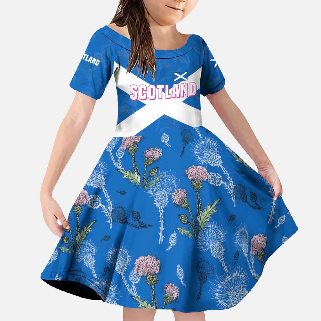 Scotland Family Matching Short Sleeve Bodycon Dress and Hawaiian Shirt with Blue Saltire Flag with Thistle Flowers Highland Landscape and Land of Thistle and Stone - Wonder Print Shop