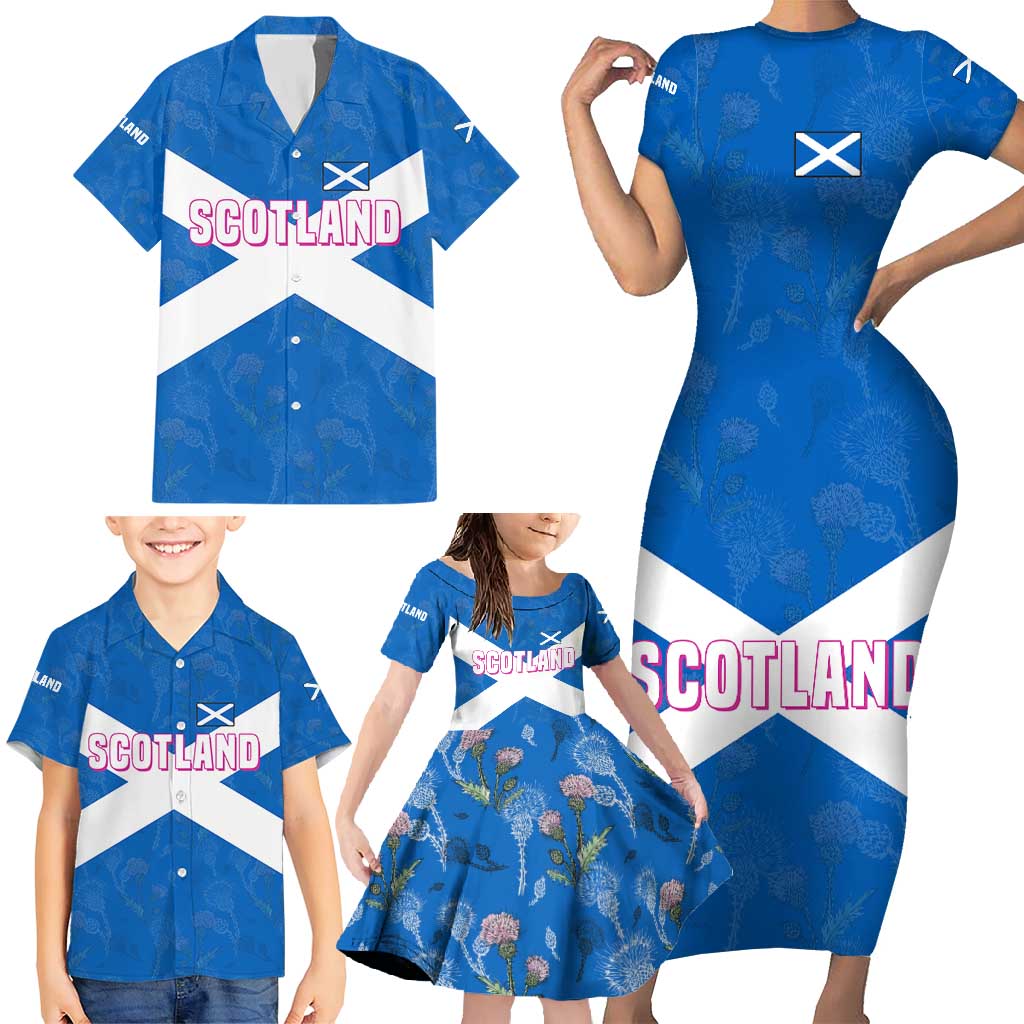 Scotland Family Matching Short Sleeve Bodycon Dress and Hawaiian Shirt with Blue Saltire Flag with Thistle Flowers Highland Landscape and Land of Thistle and Stone - Wonder Print Shop