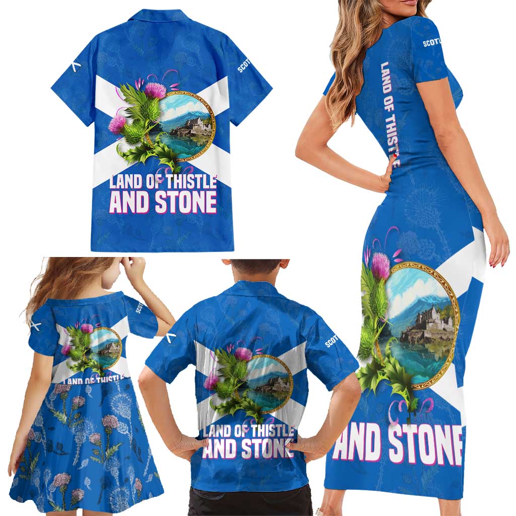 Scotland Family Matching Short Sleeve Bodycon Dress and Hawaiian Shirt with Blue Saltire Flag with Thistle Flowers Highland Landscape and Land of Thistle and Stone - Wonder Print Shop