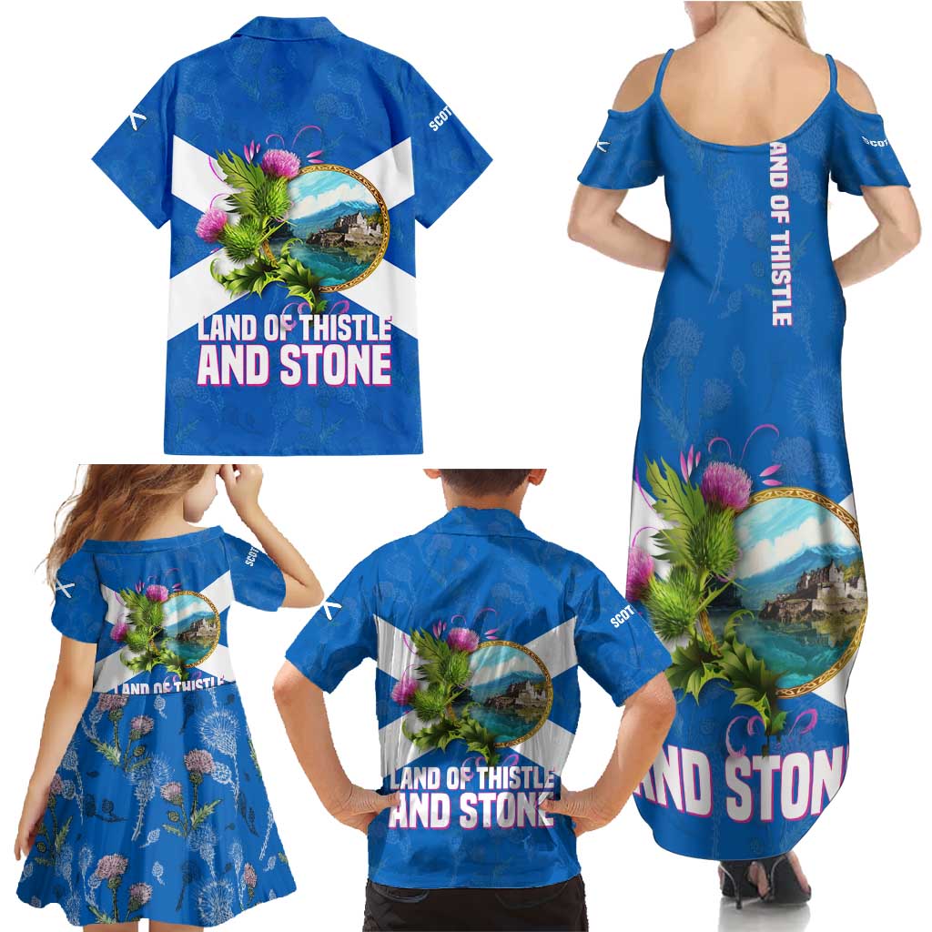 Scotland Family Matching Summer Maxi Dress and Hawaiian Shirt with Blue Saltire Flag with Thistle Flowers Highland Landscape and Land of Thistle and Stone - Wonder Print Shop