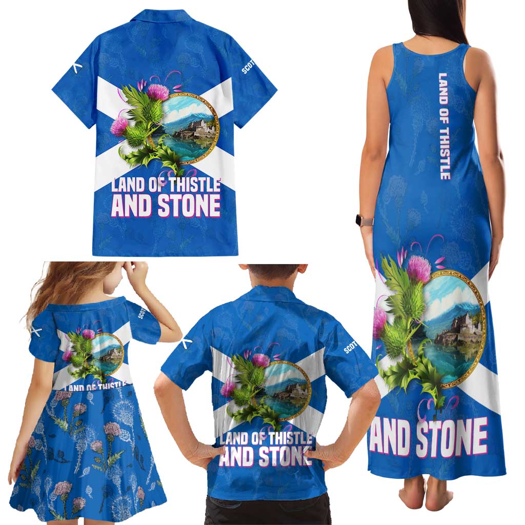 Scotland Family Matching Tank Maxi Dress and Hawaiian Shirt with Blue Saltire Flag with Thistle Flowers Highland Landscape and Land of Thistle and Stone - Wonder Print Shop