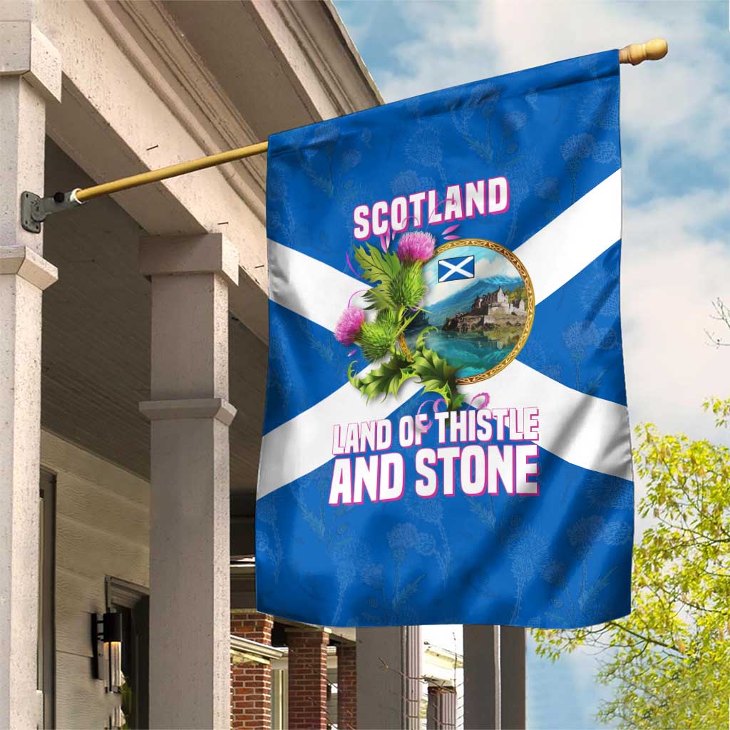 Scotland Garden Flag with Blue Saltire Flag with Thistle Flowers Highland Landscape and Land of Thistle and Stone - Wonder Print Shop